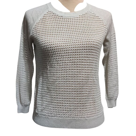 Express S Womens Sweater Silver Metallic Open Knit Pullover Sheer Sparkle Top - Picture 2 of 12